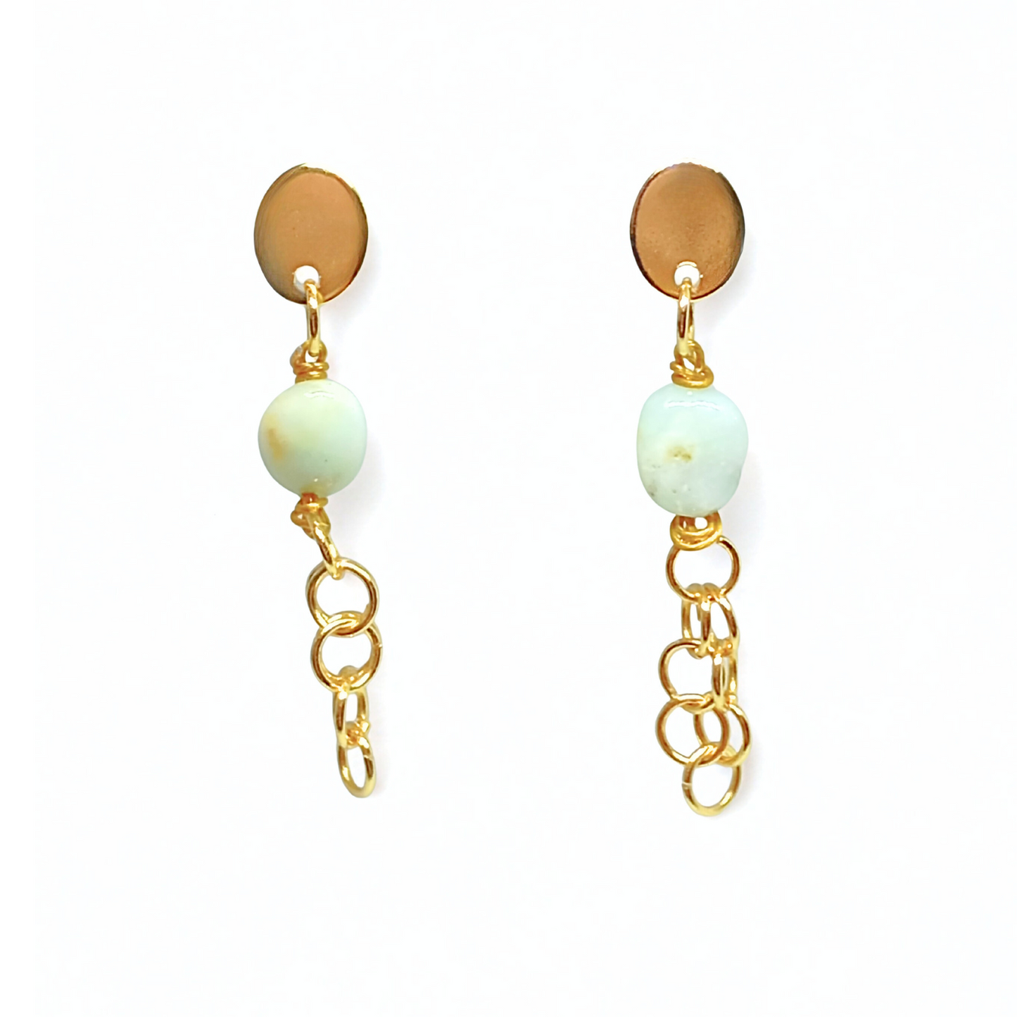 EARRINGS AMAZONIT. Gold, stainless steel, natural amazonite. Women. Handmade in Denmark