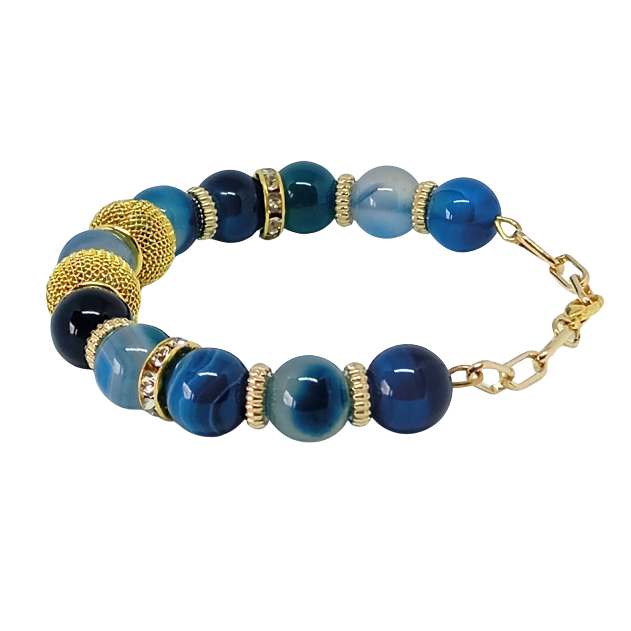 ARMBÅND BLUE SEA. Guld, rustfrit stål, naturlig blå agat sten. Kvinde. Håndlavede