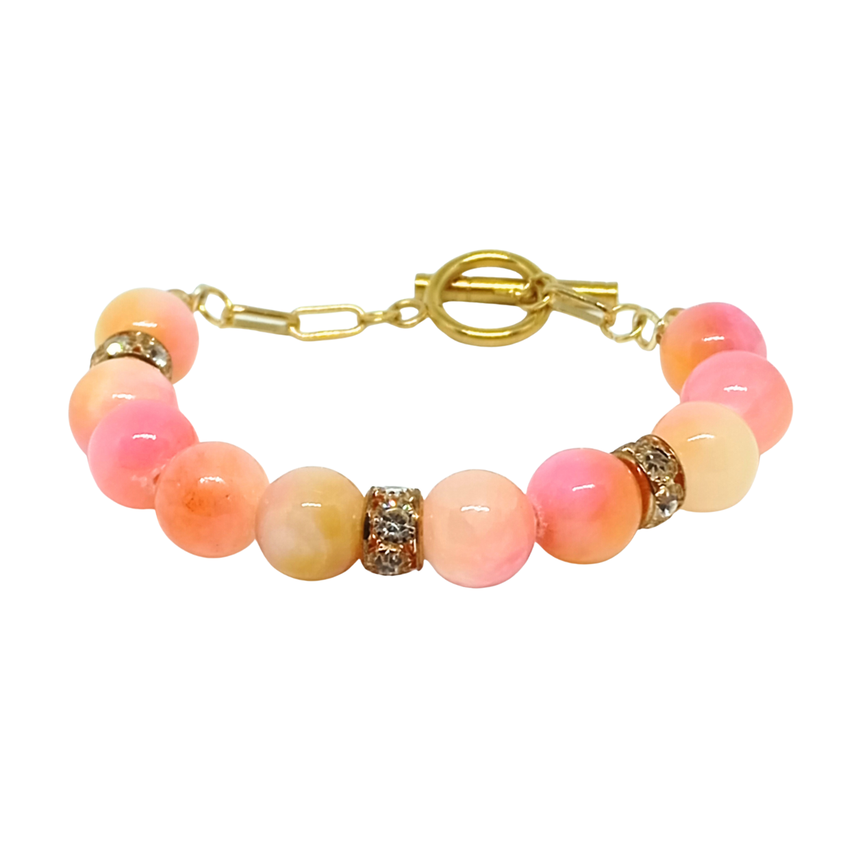 ARMBÅND SUNSET. Guld, rustfrit stål, naturlig persisk jade, charms, krystal. Kvinde. Håndlavet i Danmark