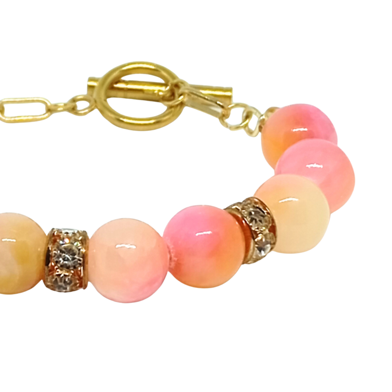 ARMBÅND SUNSET. Guld, rustfrit stål, naturlig persisk jade, charms, krystal. Kvinde. Håndlavet i Danmark