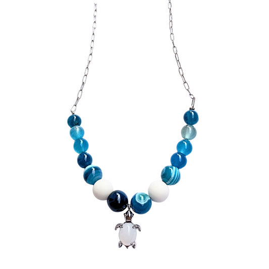 COLLAR OCEAN. Plata, piedra natural, ágata azul, ónix, acero inoxidable. Mujer. Hecho a mano.