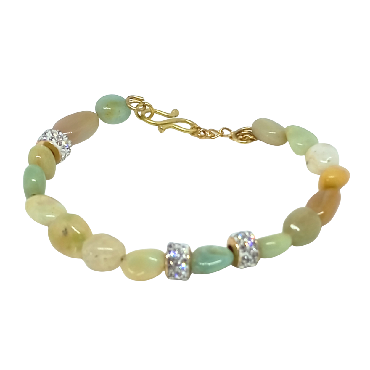 ARMBÅND ALLOE. Guld, rustfrit stål, naturlig amazonit, charms, krystal. Kvinde. Håndlavet i Danmark