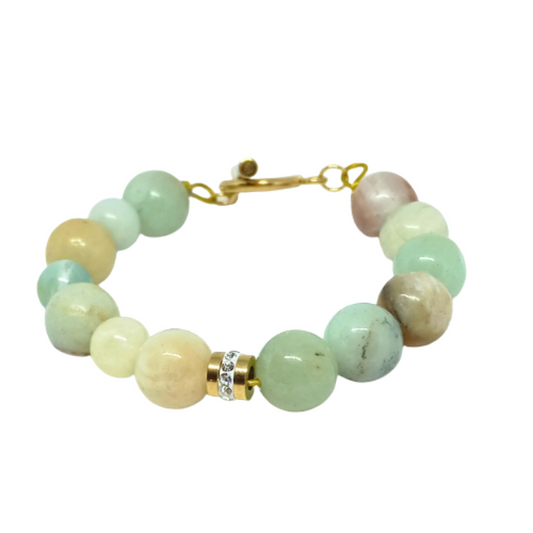 ARMBÅND JUNGLE. Guld, rustfrit stål, naturlig amazonit, charms, krystal. Kvinde. Håndlavet