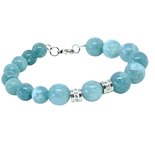 ARMBÅND SKY. Sølv, rustfrit stål, naturlig akvamarin, vedhæng, krystal. Kvinde. Håndlavet i Danmark