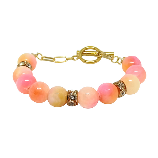 ARMBÅND SUNSET. Guld, rustfrit stål, naturlig persisk jade, charms, krystal. Kvinde. Håndlavet i Danmark