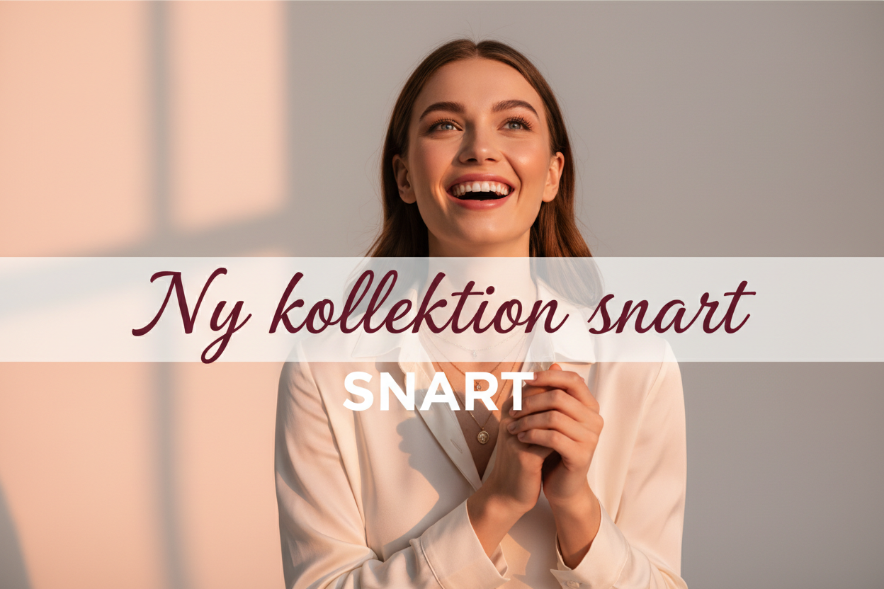 Crea una fotografía de calidad profesional donde aparezca una mujer joven con expresión de emoción y el texto Ny kollektion snart. Las tipografías son Britanny y Montserrat y los colores #ffffff  #eea37c   #51031e